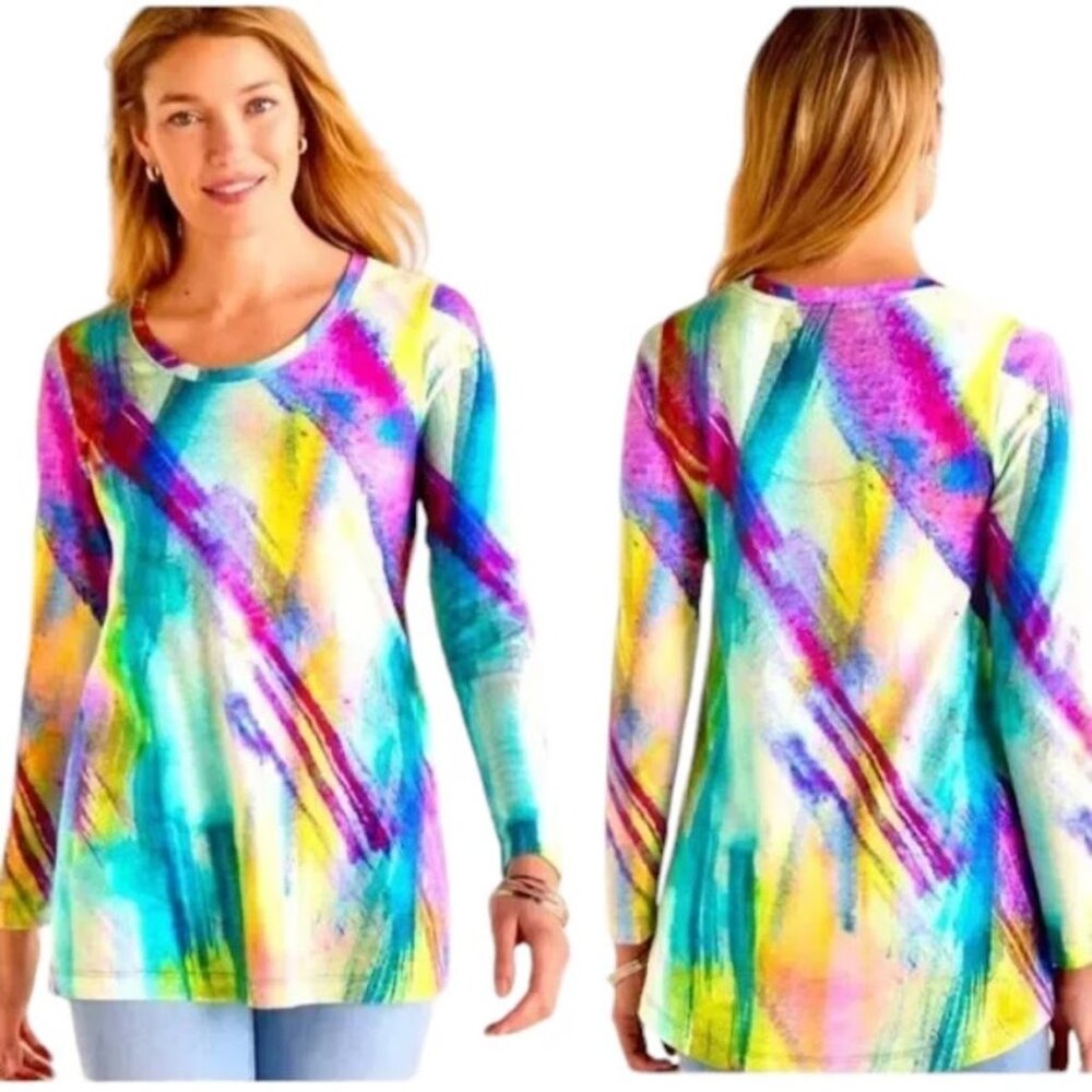 SOFT SURROUNDINGS Dale Watercolor Tunic Top, Multicolor Stretch Long Sleeve, S